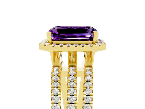 Yellow gold {shape_name} Amethyst Halo Engagement Ring with Split Shank and Four-Prong Setting_5
