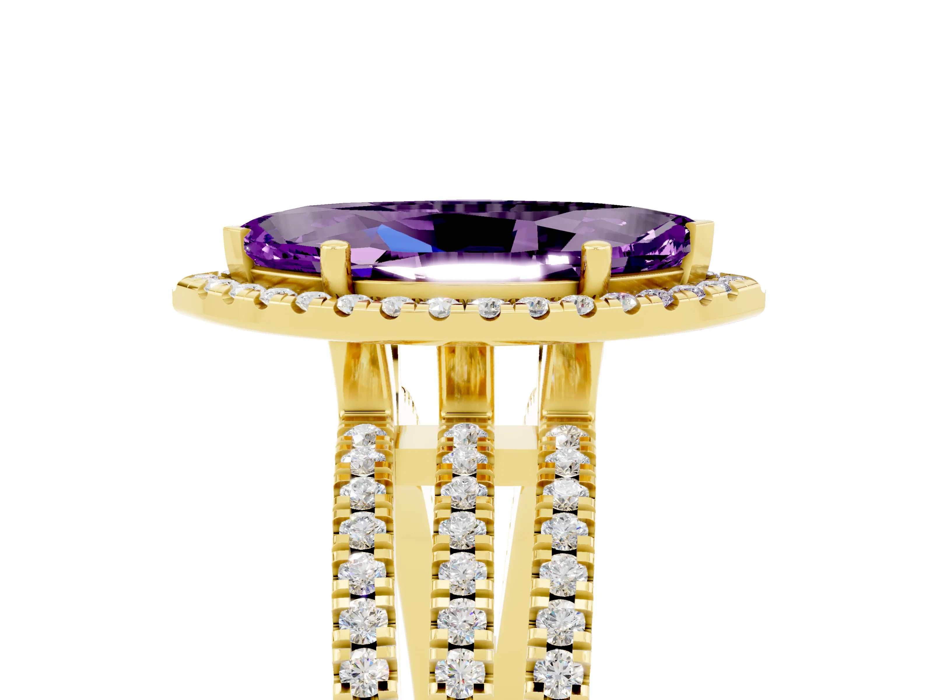 Yellow gold {shape_name} Amethyst Halo Engagement Ring with Split Shank and Four-Prong Setting_5