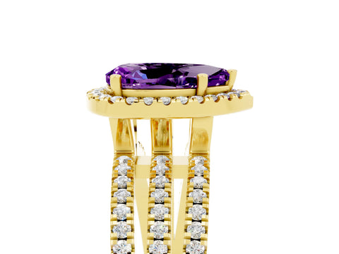 Yellow gold {shape_name} Amethyst Halo Engagement Ring with Split Shank and Four-Prong Setting_5