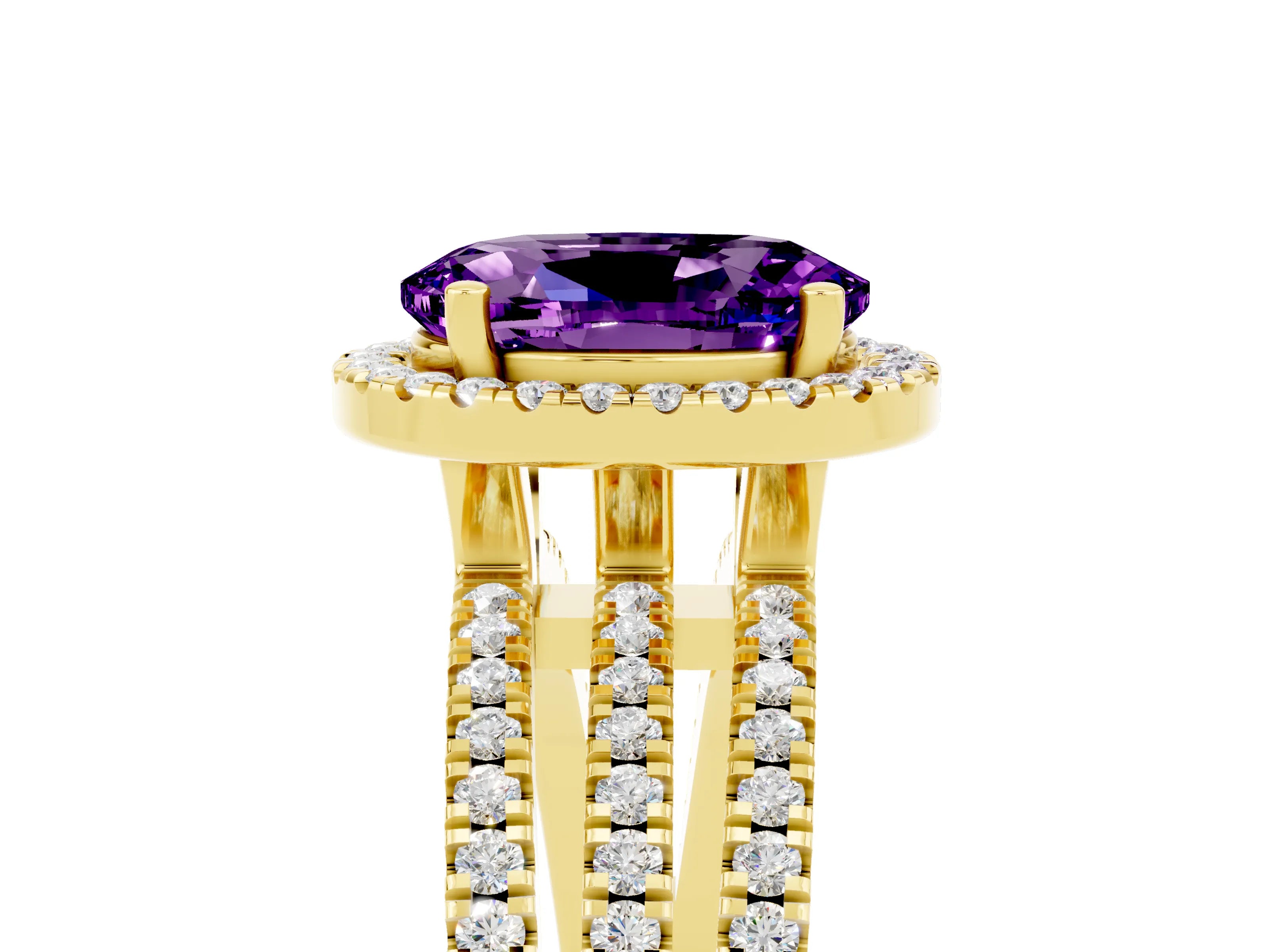 Yellow gold {shape_name} Amethyst Halo Engagement Ring with Split Shank and Four-Prong Setting_5