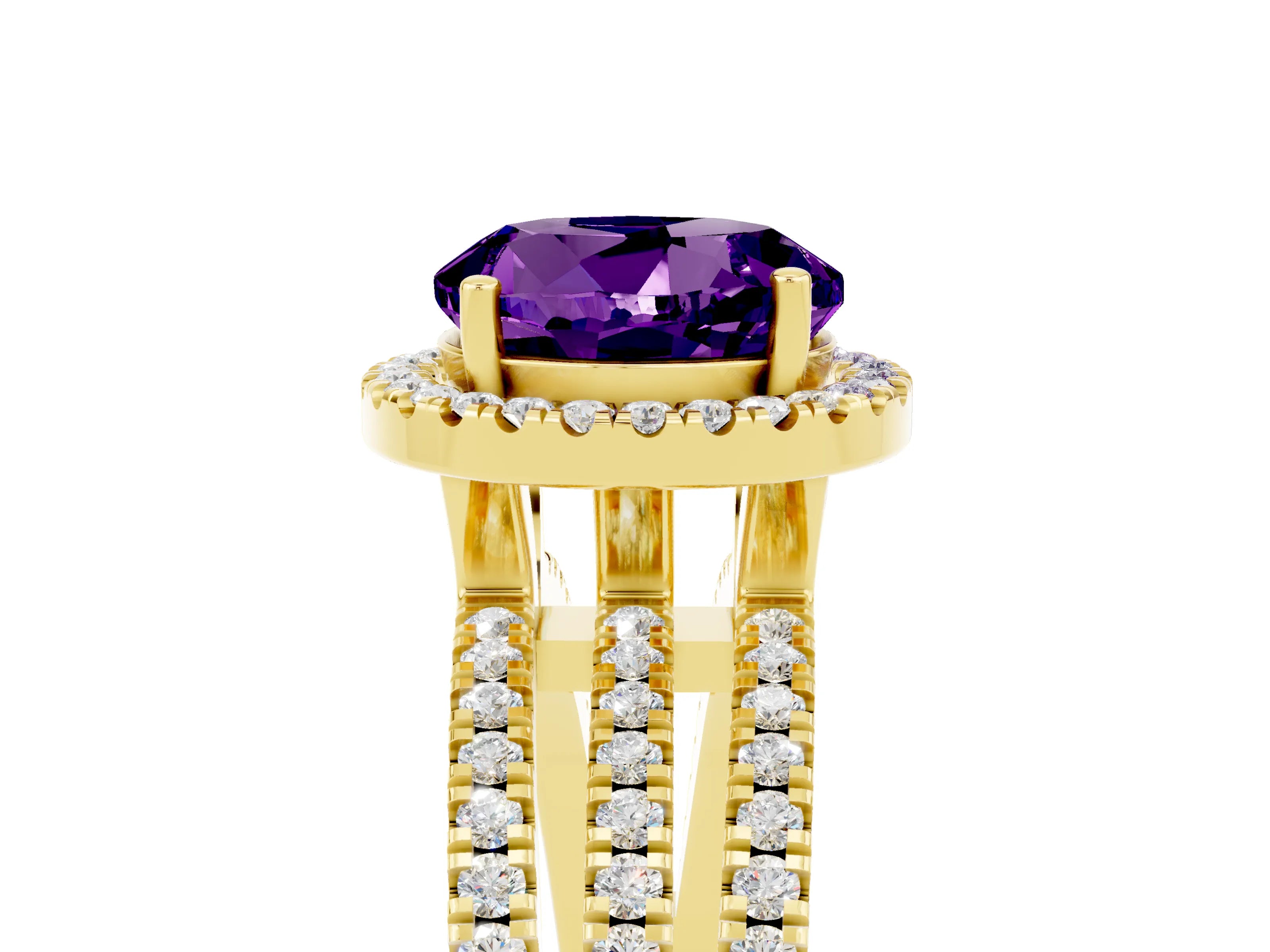 Yellow gold {shape_name} Amethyst Halo Engagement Ring with Split Shank and Four-Prong Setting_5