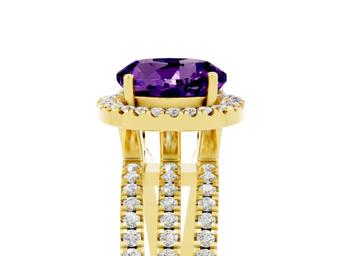 Yellow gold {shape_name} Amethyst Halo Engagement Ring with Split Shank and Four-Prong Setting_5