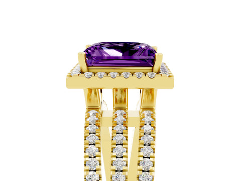 Yellow gold {shape_name} Amethyst Halo Engagement Ring with Split Shank and Four-Prong Setting_5