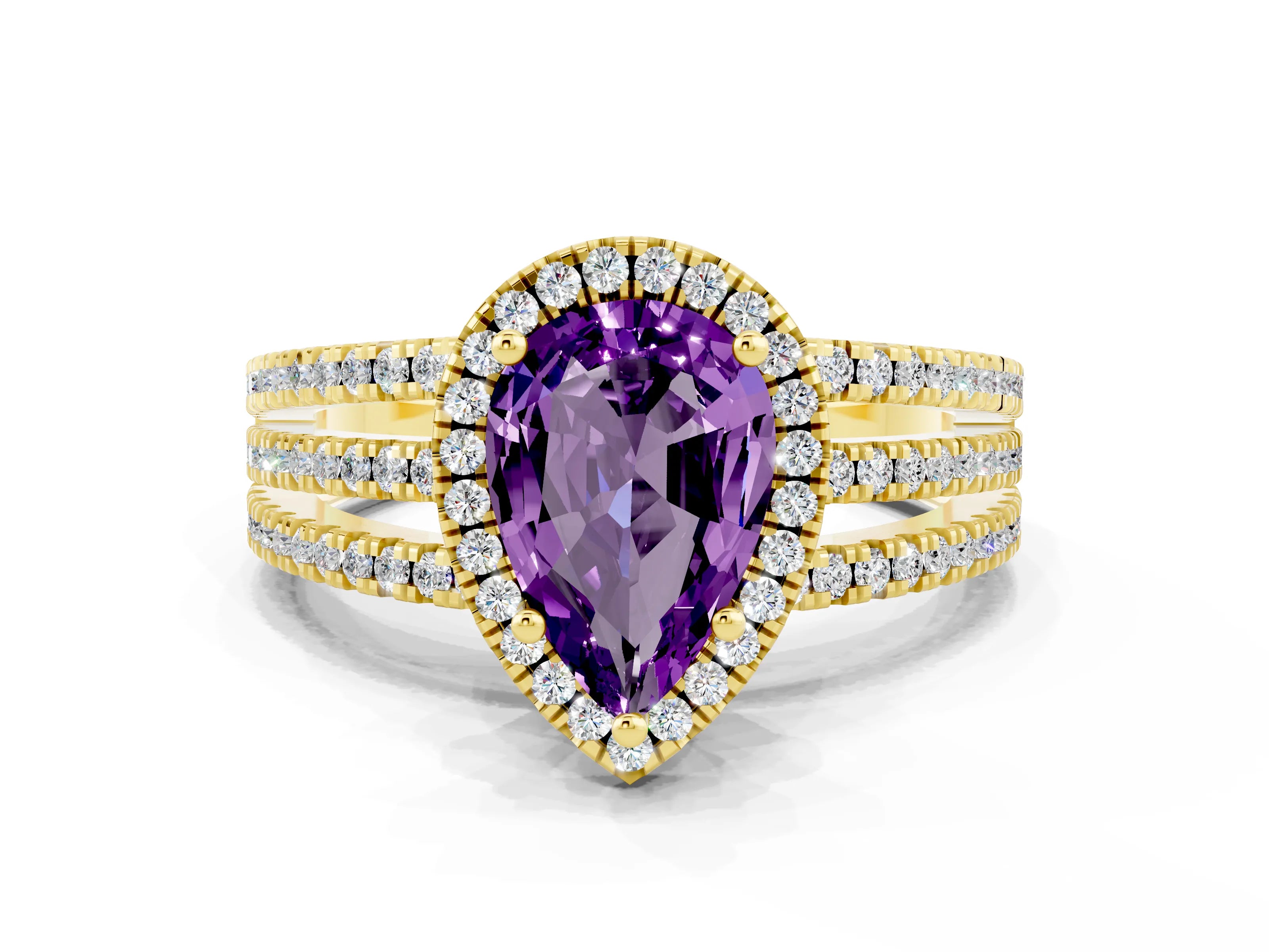 Yellow gold {shape_name} Amethyst Halo Engagement Ring with Split Shank and Four-Prong Setting