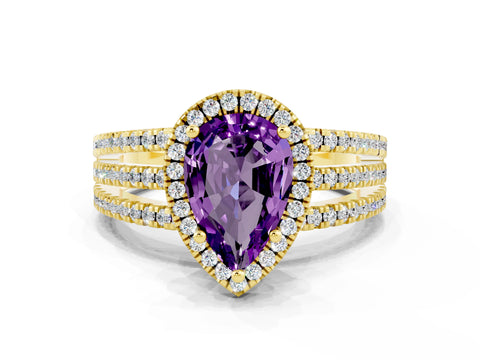 Yellow gold {shape_name} Amethyst Halo Engagement Ring with Split Shank and Four-Prong Setting