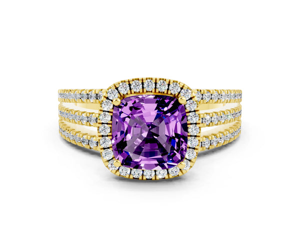Yellow gold Cushion Cut Amethyst Halo Engagement Ring with Split Shank and Four-Prong Setting