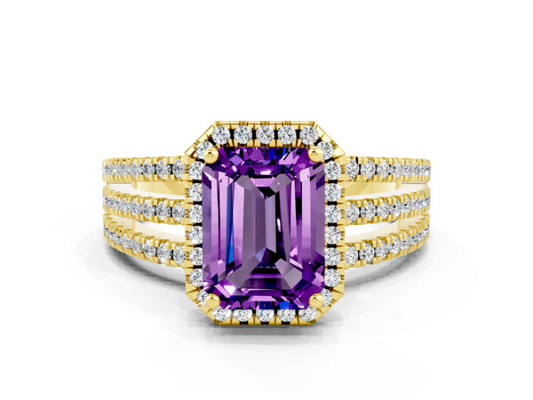 Yellow gold Emerald Cut Amethyst Halo Engagement Ring with Split Shank and Four-Prong Setting