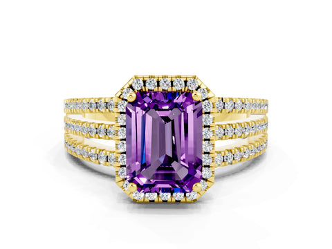Yellow gold {shape_name} Amethyst Halo Engagement Ring with Split Shank and Four-Prong Setting