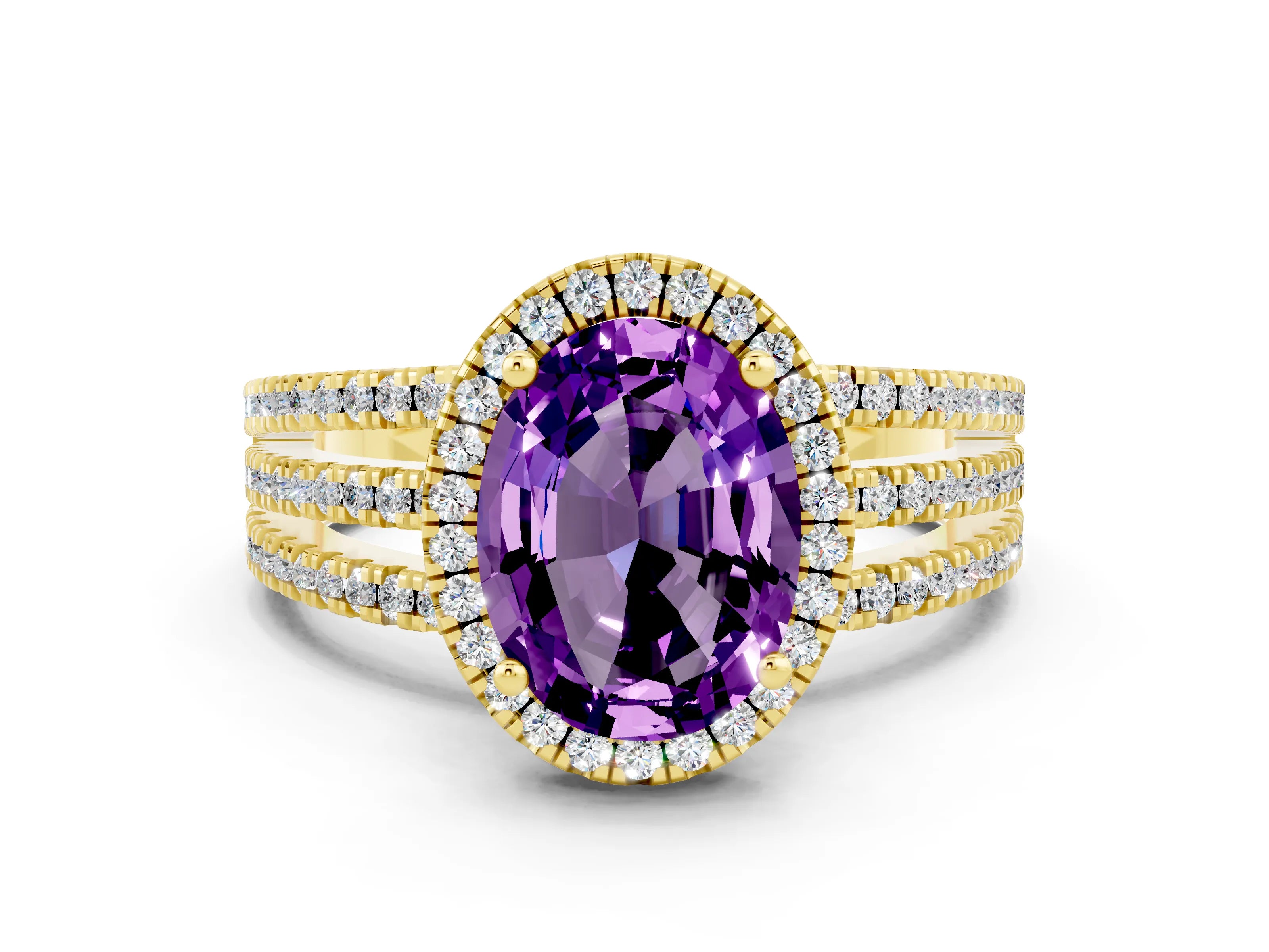 Yellow gold {shape_name} Amethyst Halo Engagement Ring with Split Shank and Four-Prong Setting