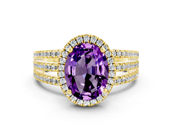 Yellow gold Oval Cut Amethyst Halo Engagement Ring with Split Shank and Four-Prong Setting