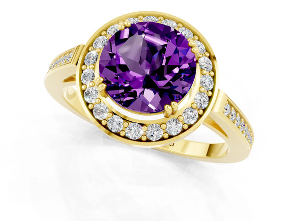 Yellow gold Round Cut Amethyst Halo Ring with Split Shank and Four-Prong Setting