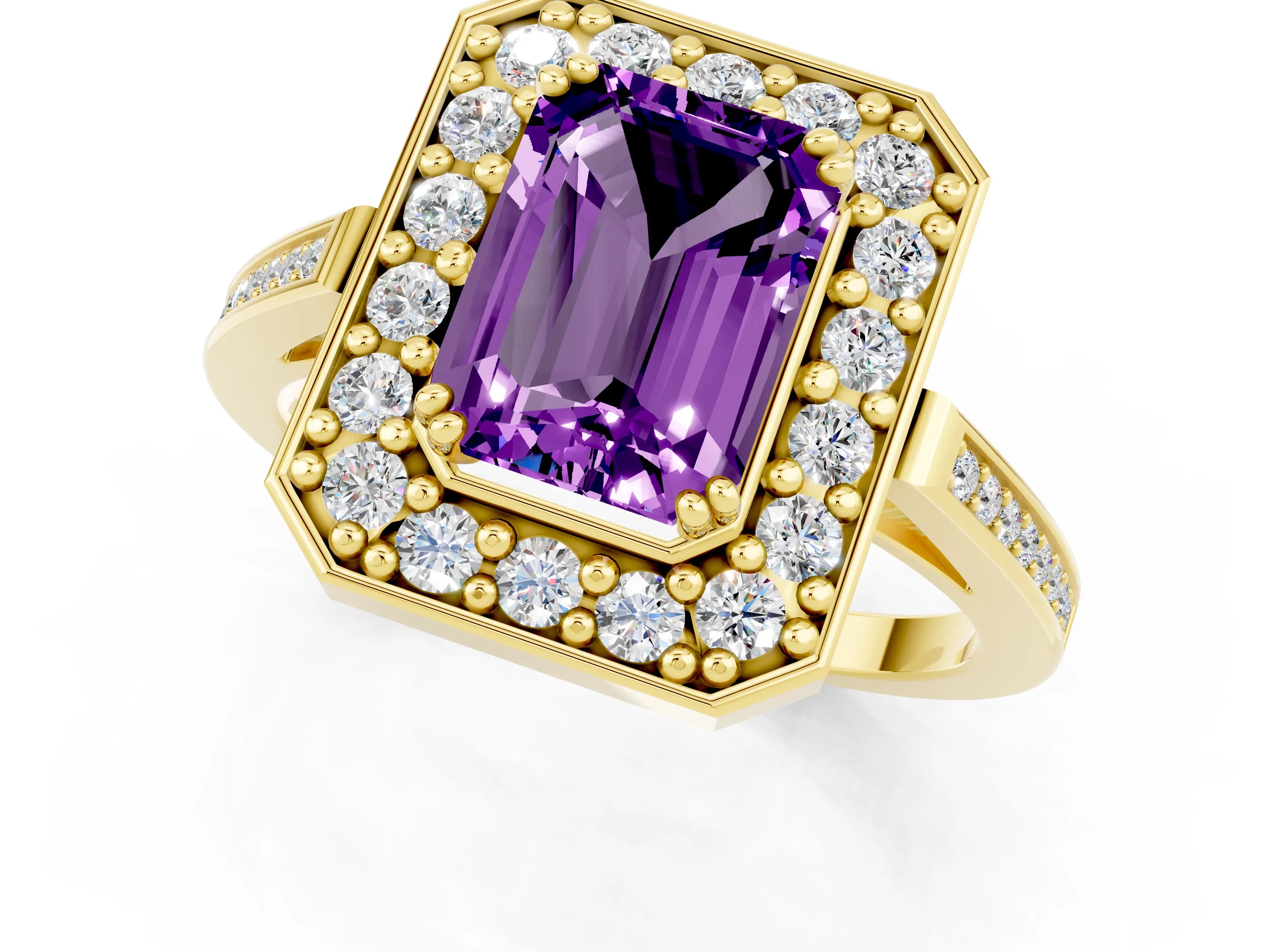 Yellow gold {shape_name} Amethyst Halo Ring with Split Shank and Four-Prong Setting_1