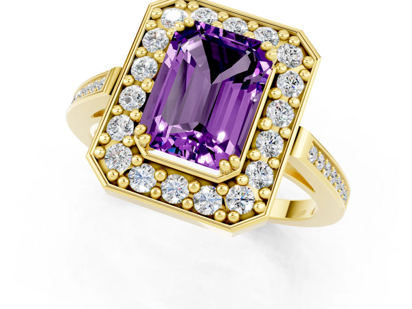Yellow gold Emerald Cut Amethyst Halo Ring with Split Shank and Four-Prong Setting