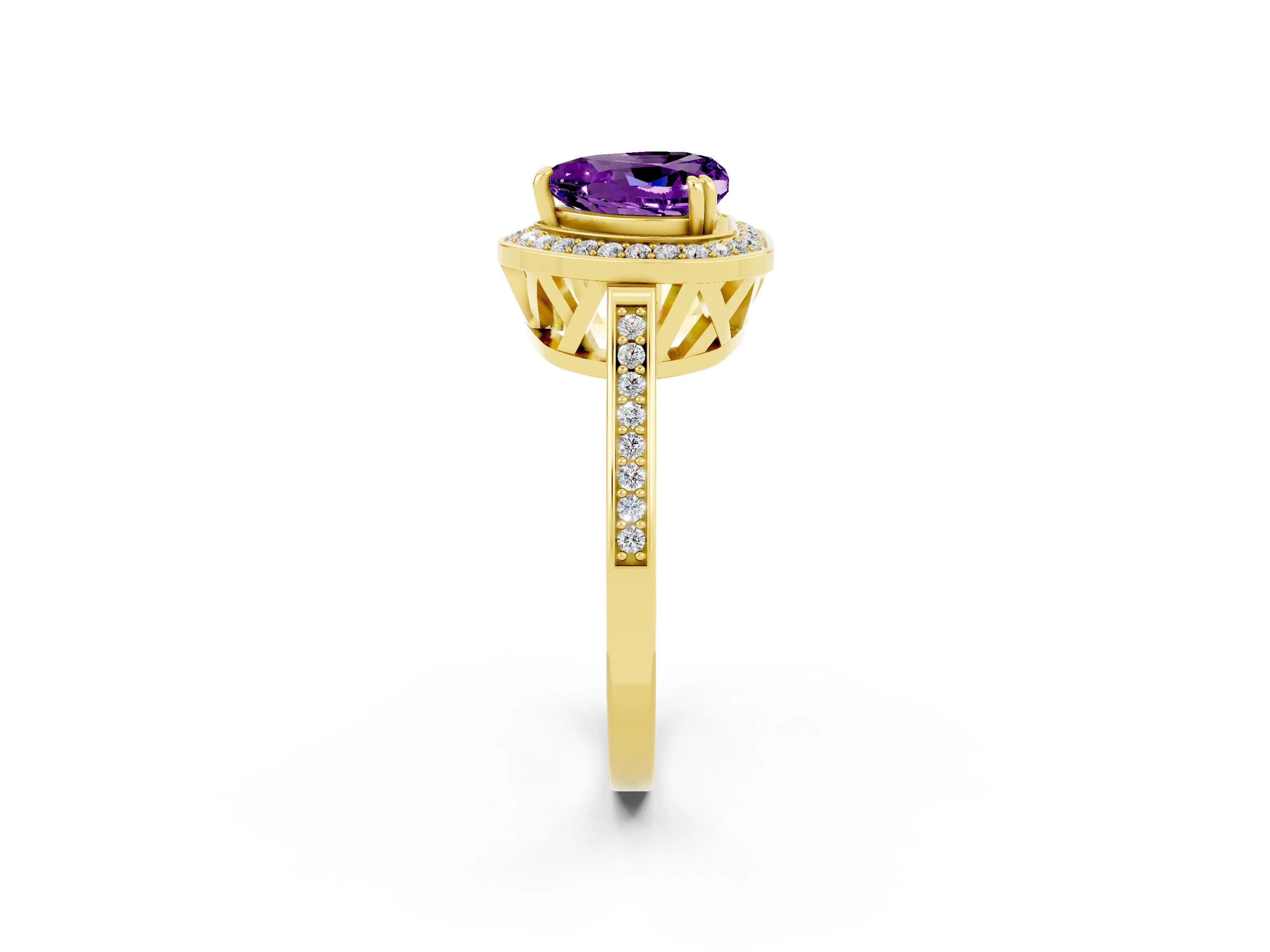 Yellow gold {shape_name} Amethyst Halo Ring with Split Shank and Four-Prong Setting_2