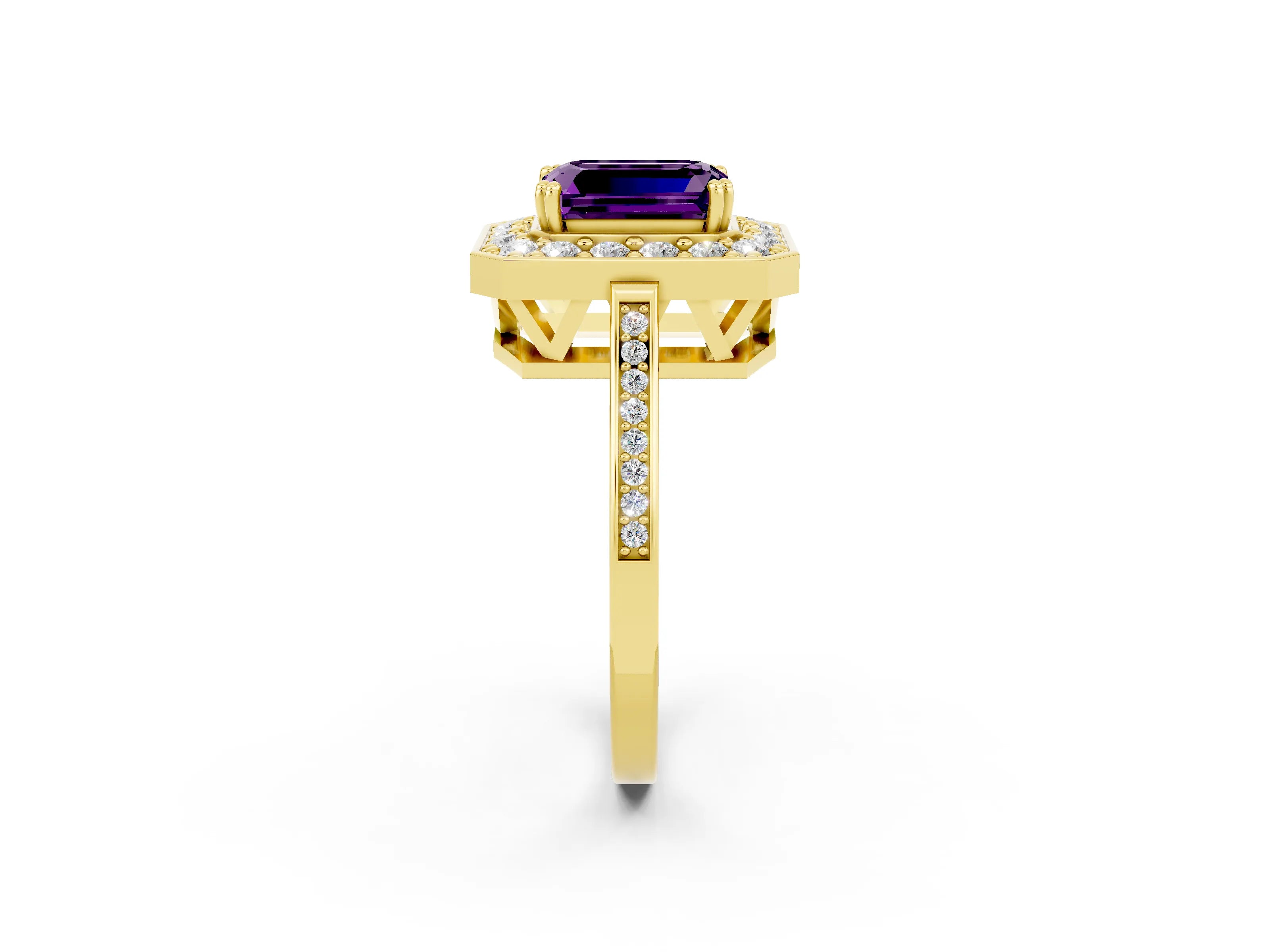 Yellow gold {shape_name} Amethyst Halo Ring with Split Shank and Four-Prong Setting_2