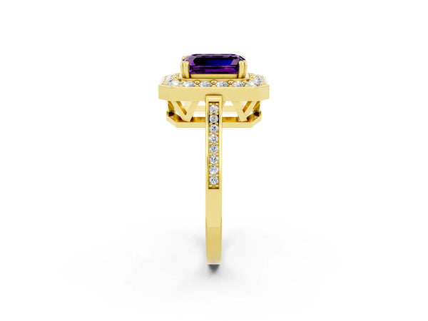 Yellow gold Emerald Cut Amethyst Halo Ring with Split Shank and Four-Prong Setting