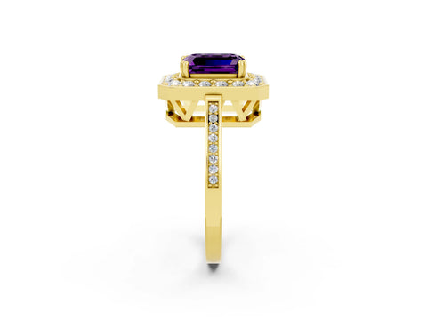 Yellow gold {shape_name} Amethyst Halo Ring with Split Shank and Four-Prong Setting_2