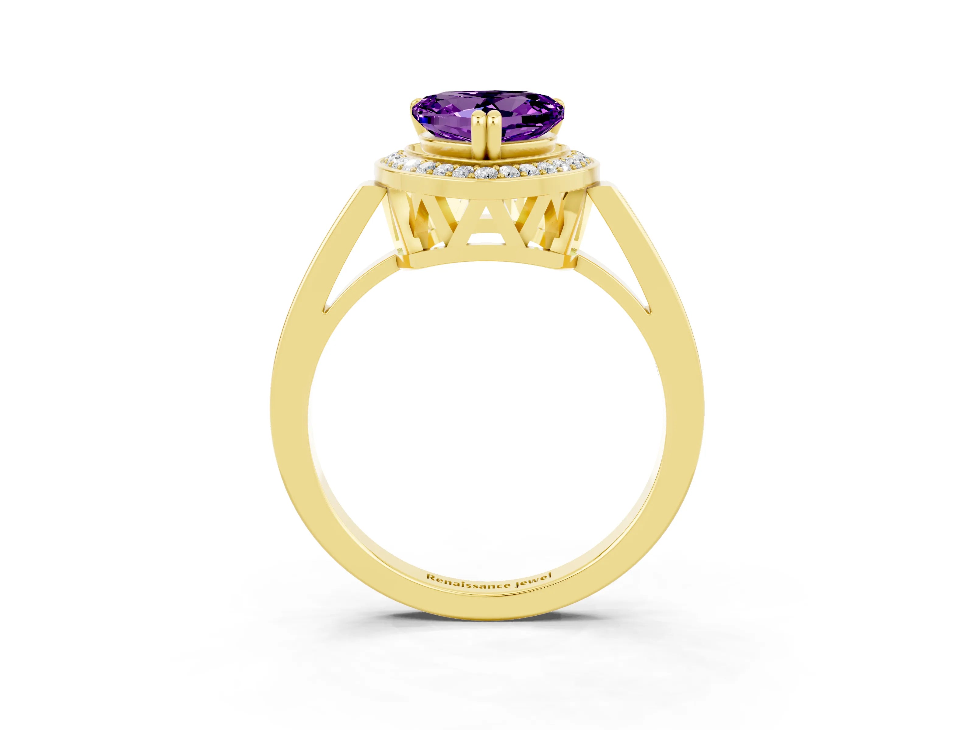 Yellow gold {shape_name} Amethyst Halo Ring with Split Shank and Four-Prong Setting_3