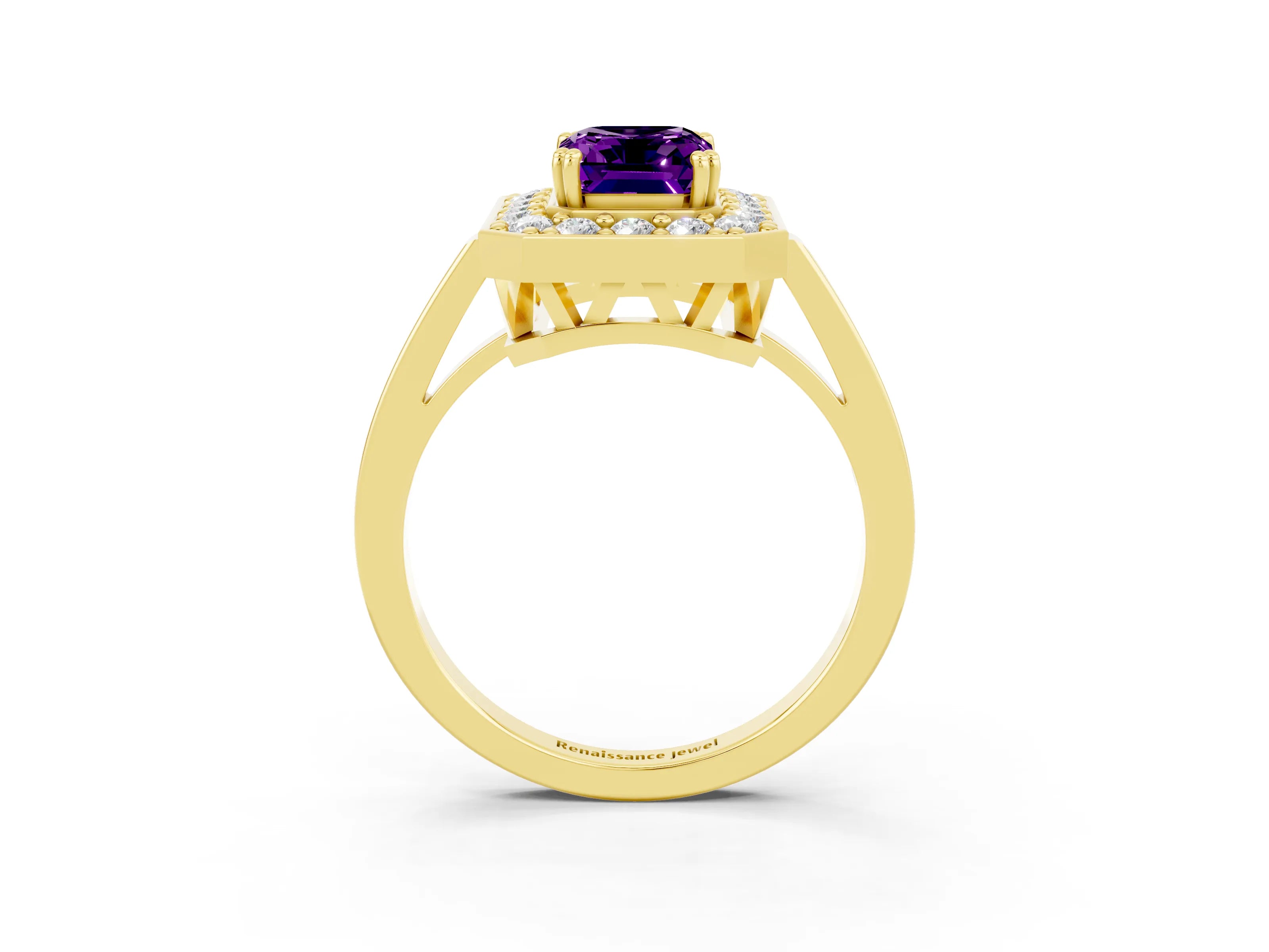 Yellow gold {shape_name} Amethyst Halo Ring with Split Shank and Four-Prong Setting_3