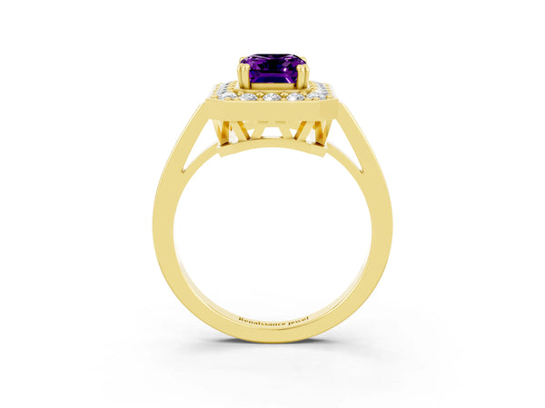 Yellow gold Emerald Cut Amethyst Halo Ring with Split Shank and Four-Prong Setting