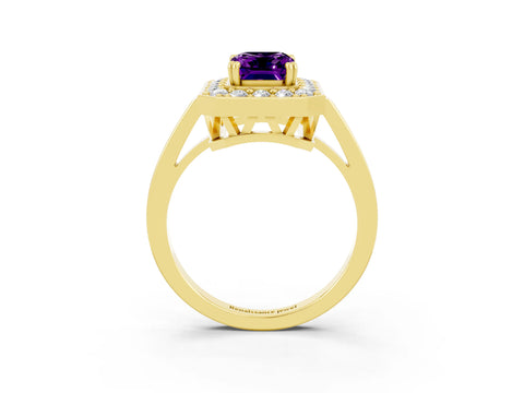 Yellow gold {shape_name} Amethyst Halo Ring with Split Shank and Four-Prong Setting_3