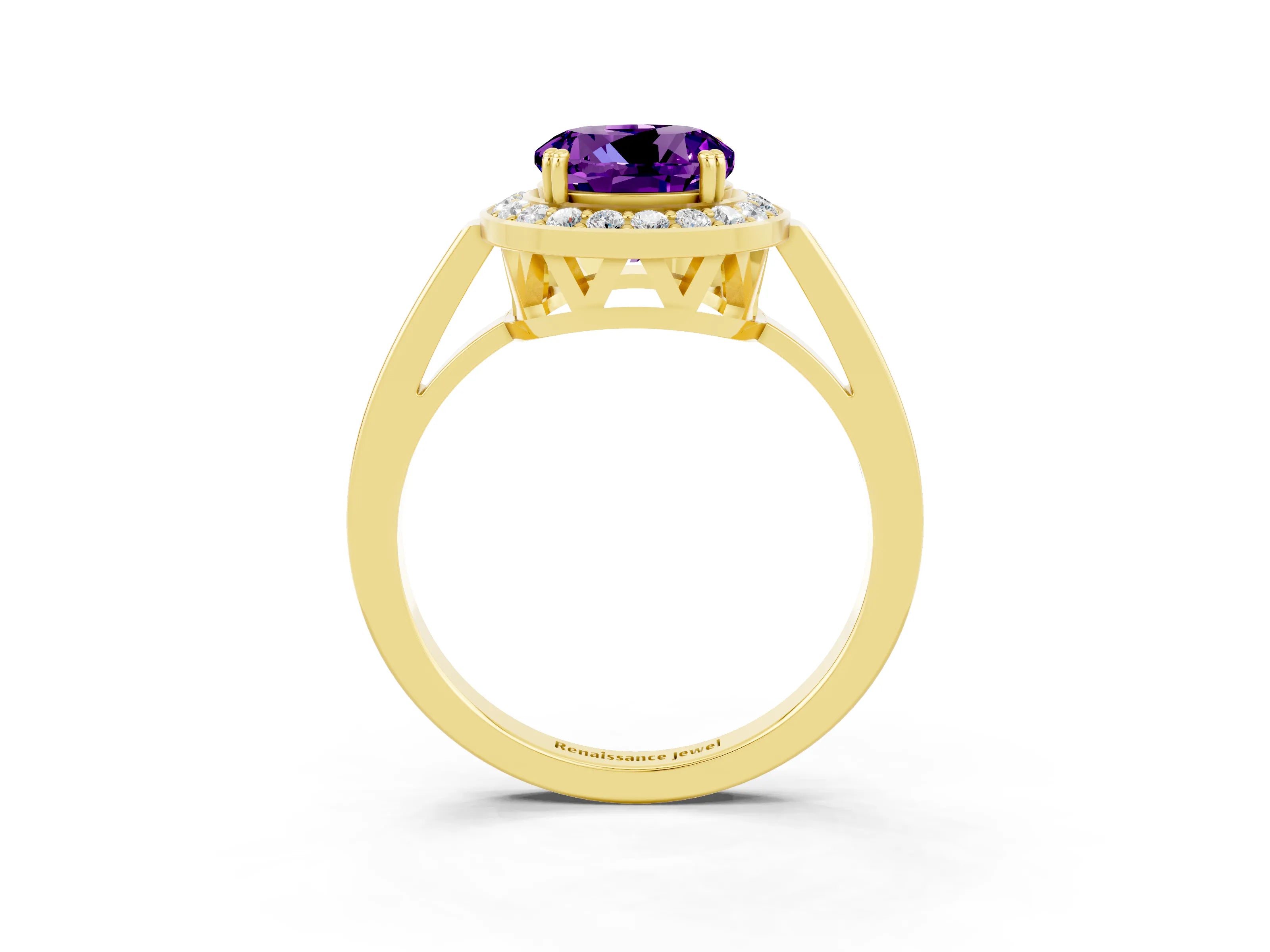 Yellow gold {shape_name} Amethyst Halo Ring with Split Shank and Four-Prong Setting_3