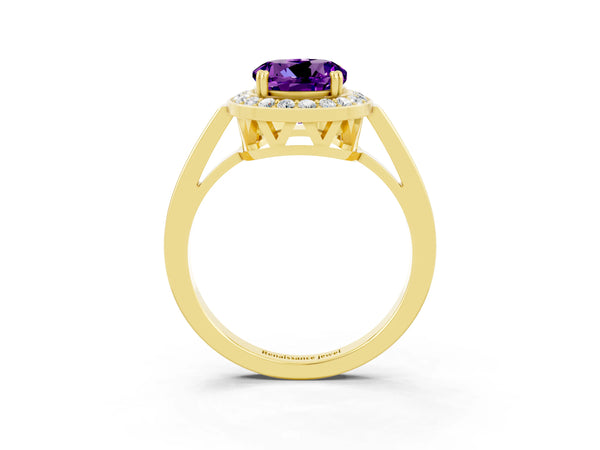 Yellow gold Round Cut Amethyst Halo Ring with Split Shank and Four-Prong Setting