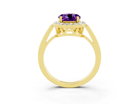 Yellow gold {shape_name} Amethyst Halo Ring with Split Shank and Four-Prong Setting_3
