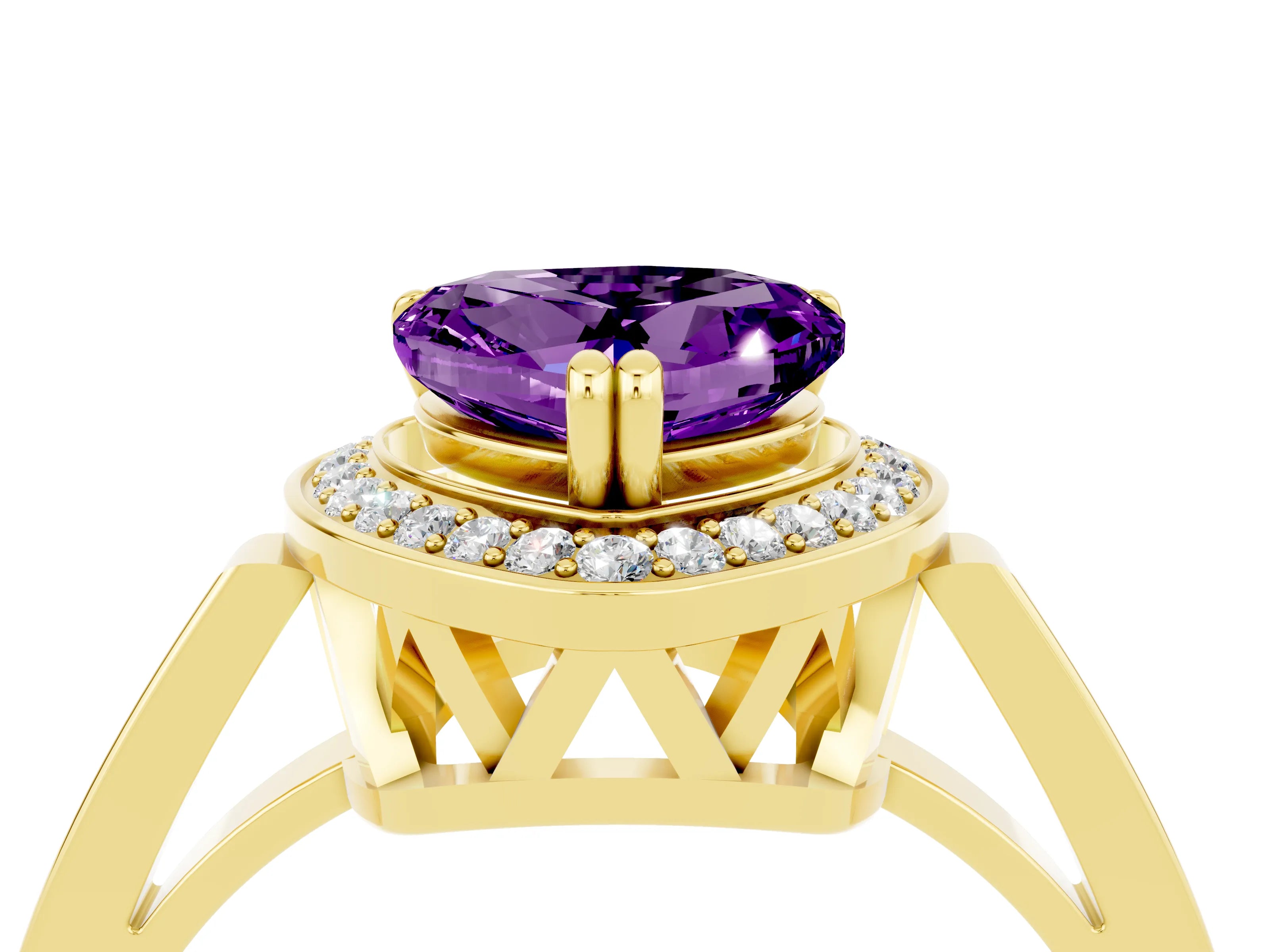Yellow gold {shape_name} Amethyst Halo Ring with Split Shank and Four-Prong Setting_4