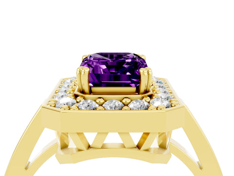 Yellow gold {shape_name} Amethyst Halo Ring with Split Shank and Four-Prong Setting_4