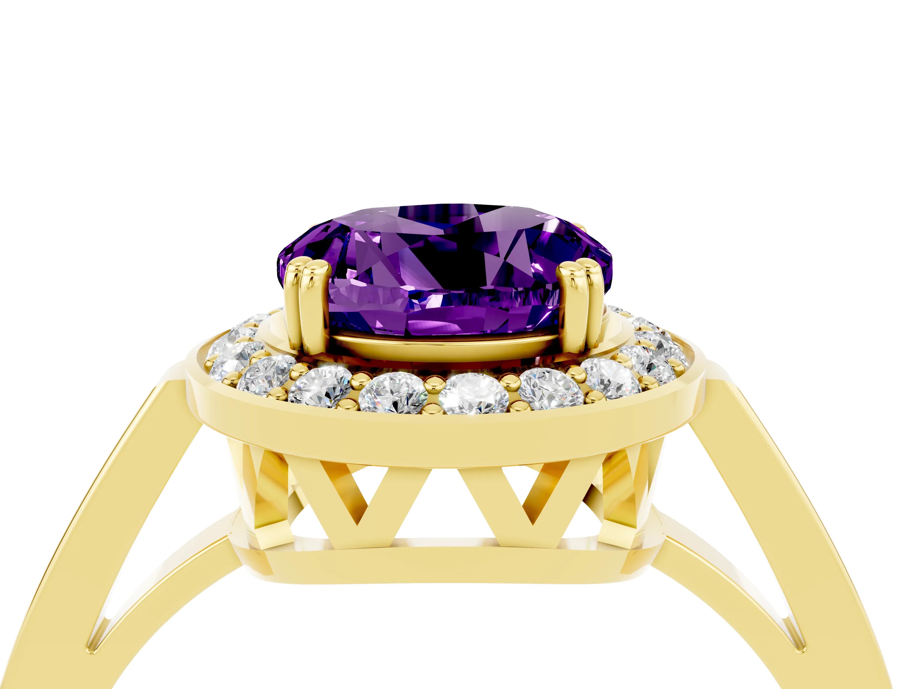 Yellow gold {shape_name} Amethyst Halo Ring with Split Shank and Four-Prong Setting_4