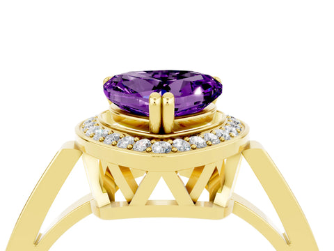 Yellow gold {shape_name} Amethyst Halo Ring with Split Shank and Four-Prong Setting_4