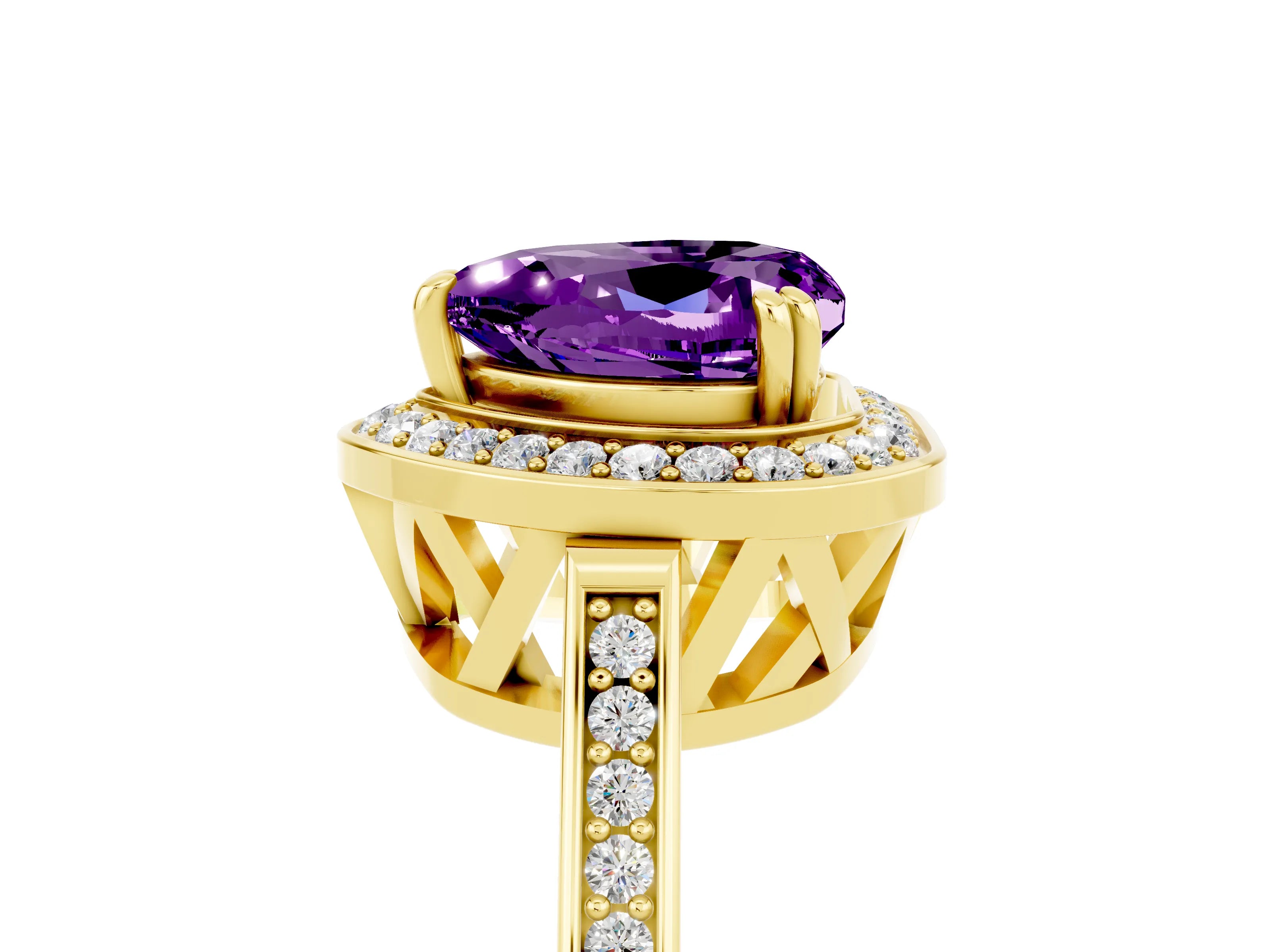 Yellow gold {shape_name} Amethyst Halo Ring with Split Shank and Four-Prong Setting_5