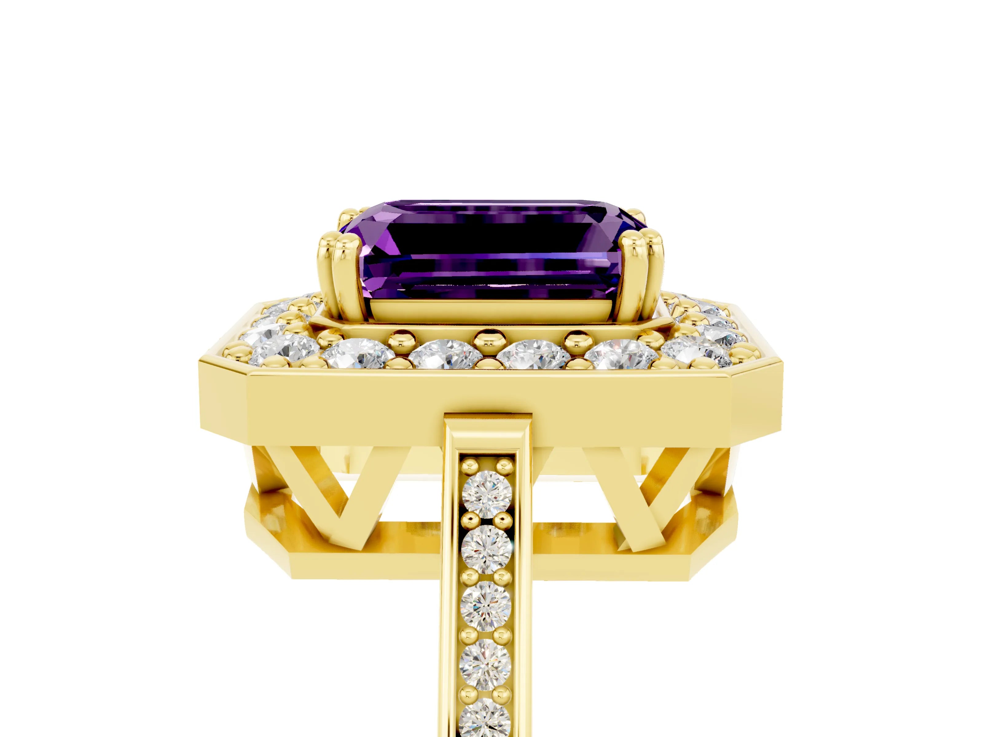 Yellow gold {shape_name} Amethyst Halo Ring with Split Shank and Four-Prong Setting_5