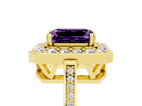 Yellow gold {shape_name} Amethyst Halo Ring with Split Shank and Four-Prong Setting_5