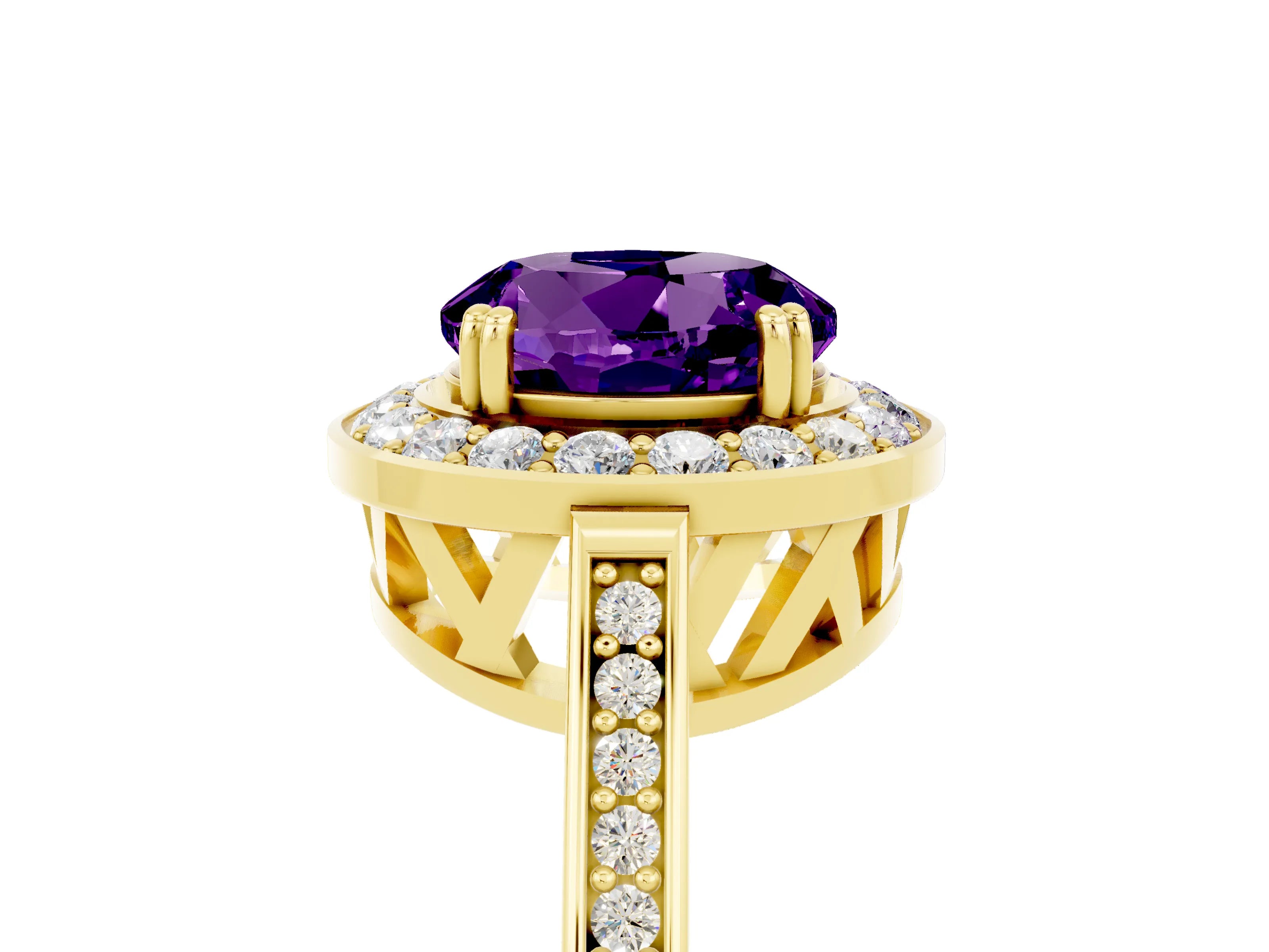 Yellow gold {shape_name} Amethyst Halo Ring with Split Shank and Four-Prong Setting_5