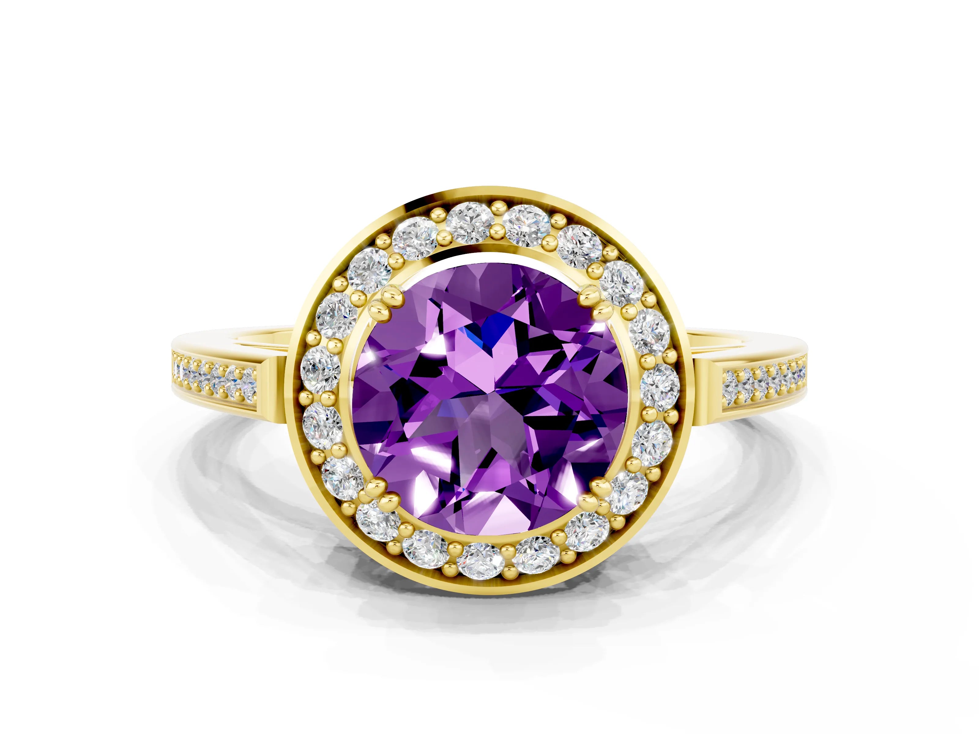 Yellow gold {shape_name} Amethyst Halo Ring with Split Shank and Four-Prong Setting