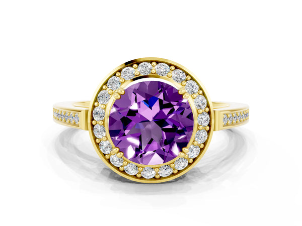 Yellow gold Round Cut Amethyst Halo Ring with Split Shank and Four-Prong Setting