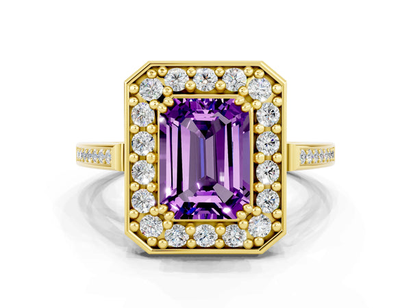 Yellow gold Emerald Cut Amethyst Halo Ring with Split Shank and Four-Prong Setting