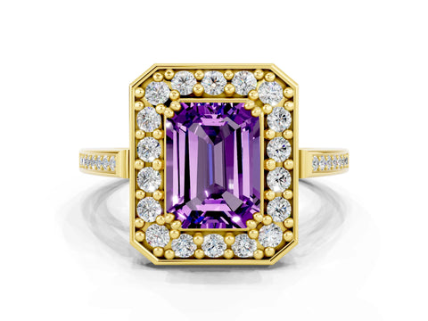 Yellow gold {shape_name} Amethyst Halo Ring with Split Shank and Four-Prong Setting