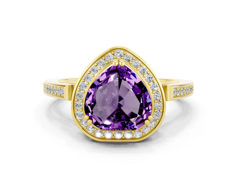 Yellow gold {shape_name} Amethyst Halo Ring with Split Shank and Four-Prong Setting