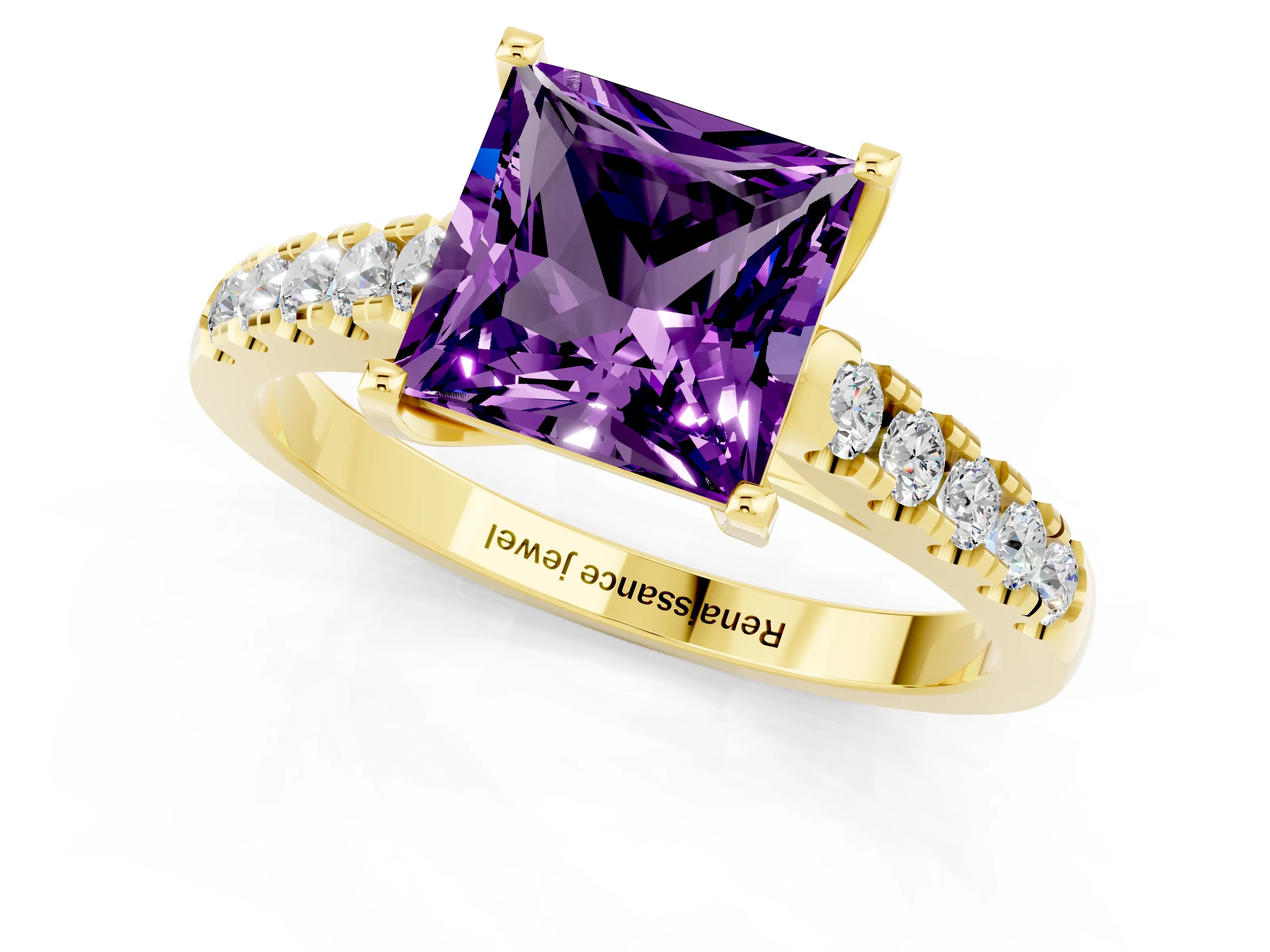 Yellow gold {shape_name} Amethyst Solitaire Ring with Pavé Band and Four-Prong Setting_1