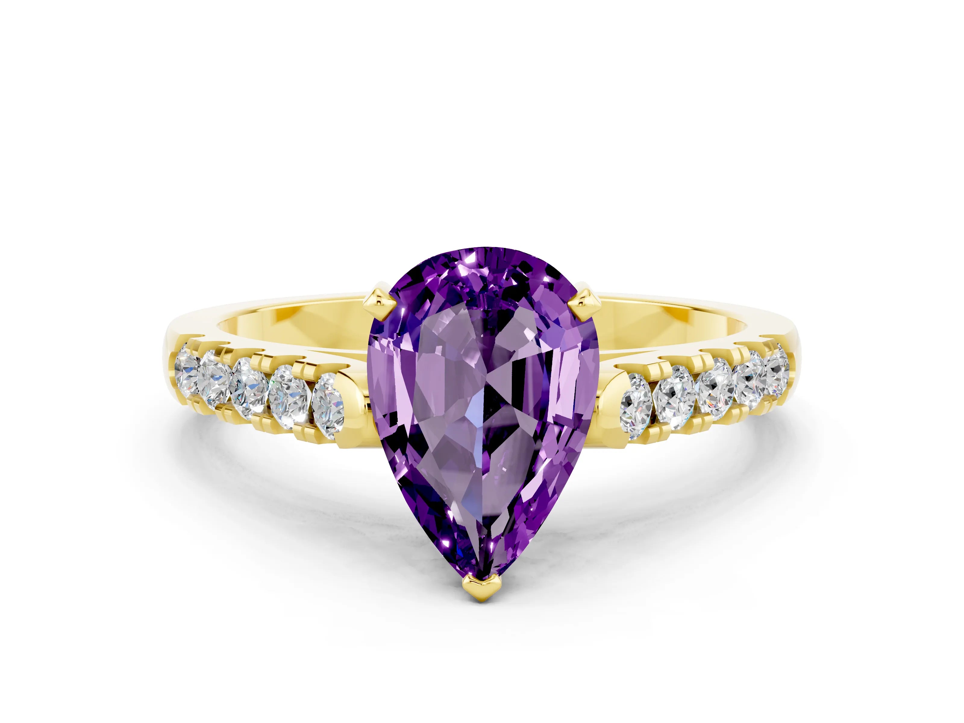 Yellow gold {shape_name} Amethyst Solitaire Ring with Pavé Band and Four-Prong Setting