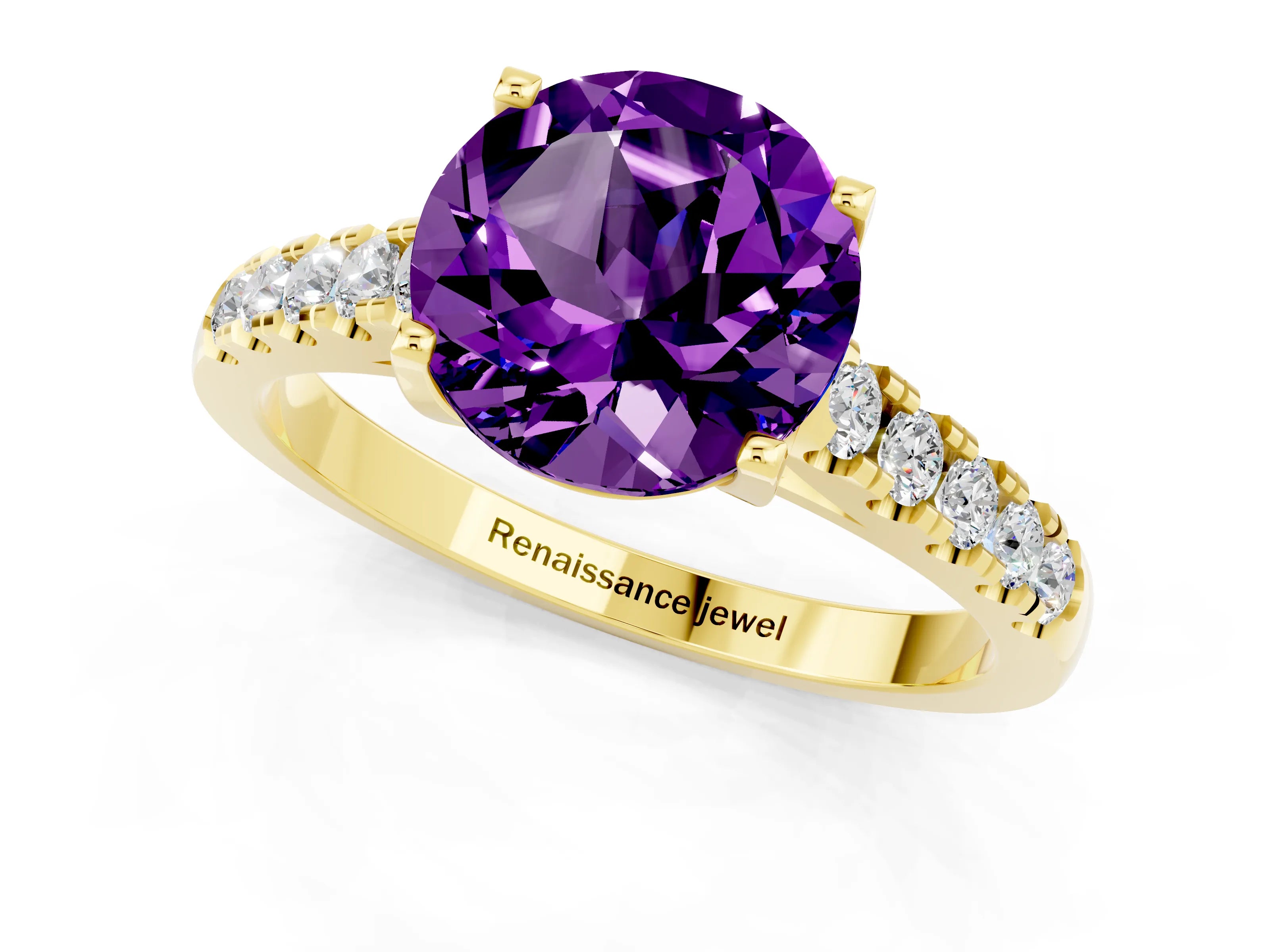 Yellow gold {shape_name} Amethyst Solitaire Ring with Pavé Band and Four-Prong Setting_1