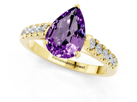 Yellow gold {shape_name} Amethyst Solitaire Ring with Pavé Band and Four-Prong Setting_1