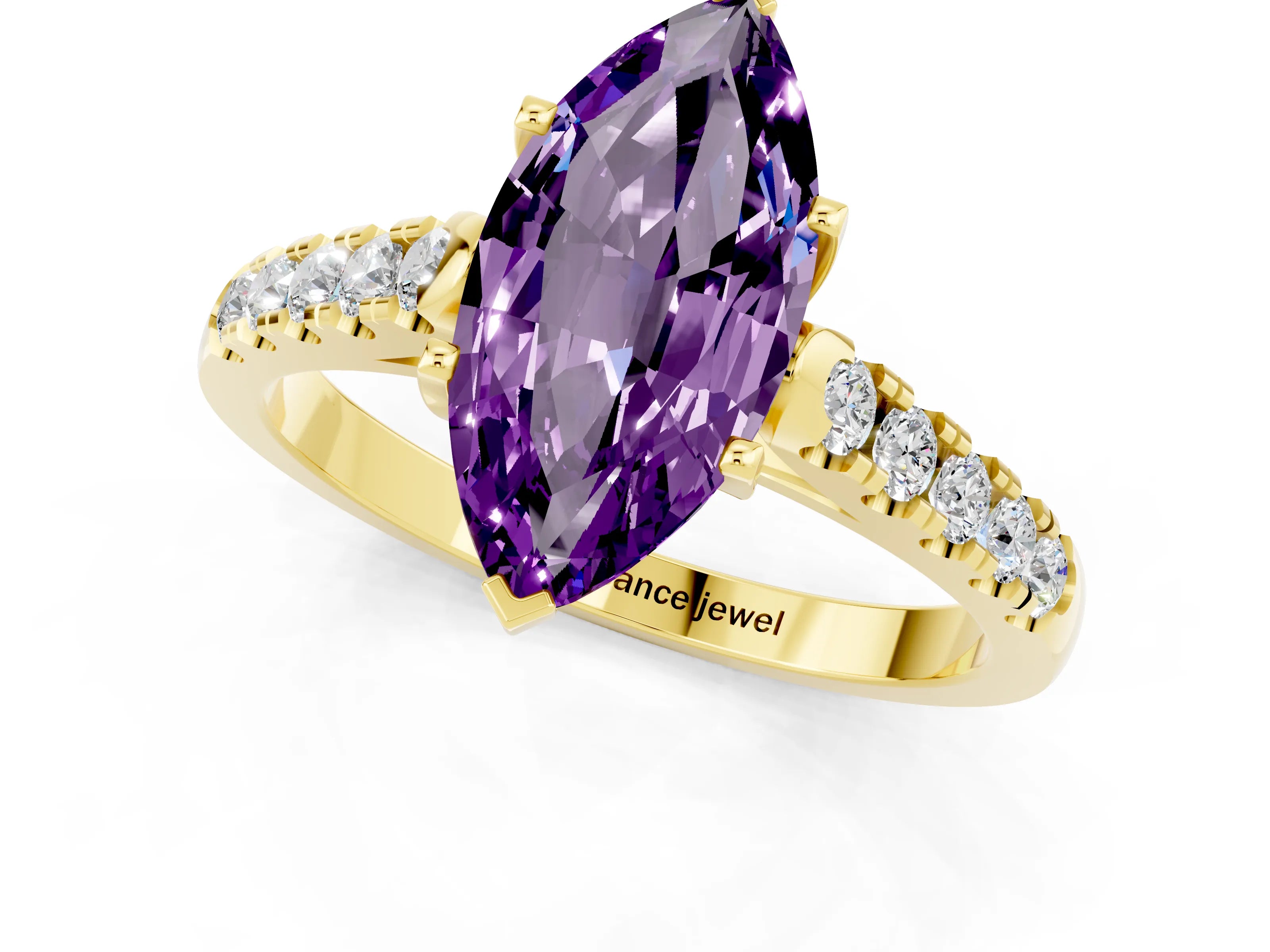 Yellow gold {shape_name} Amethyst Solitaire Ring with Pavé Band and Four-Prong Setting_1