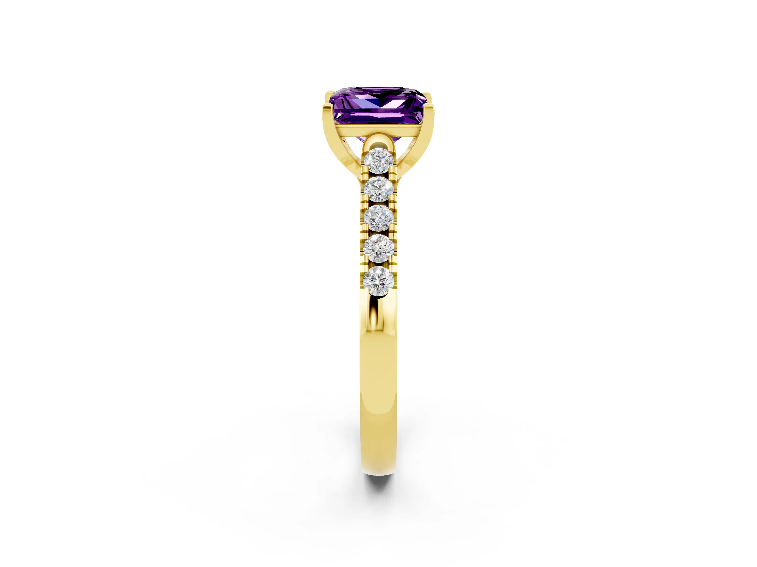 Yellow gold {shape_name} Amethyst Solitaire Ring with Pavé Band and Four-Prong Setting_2