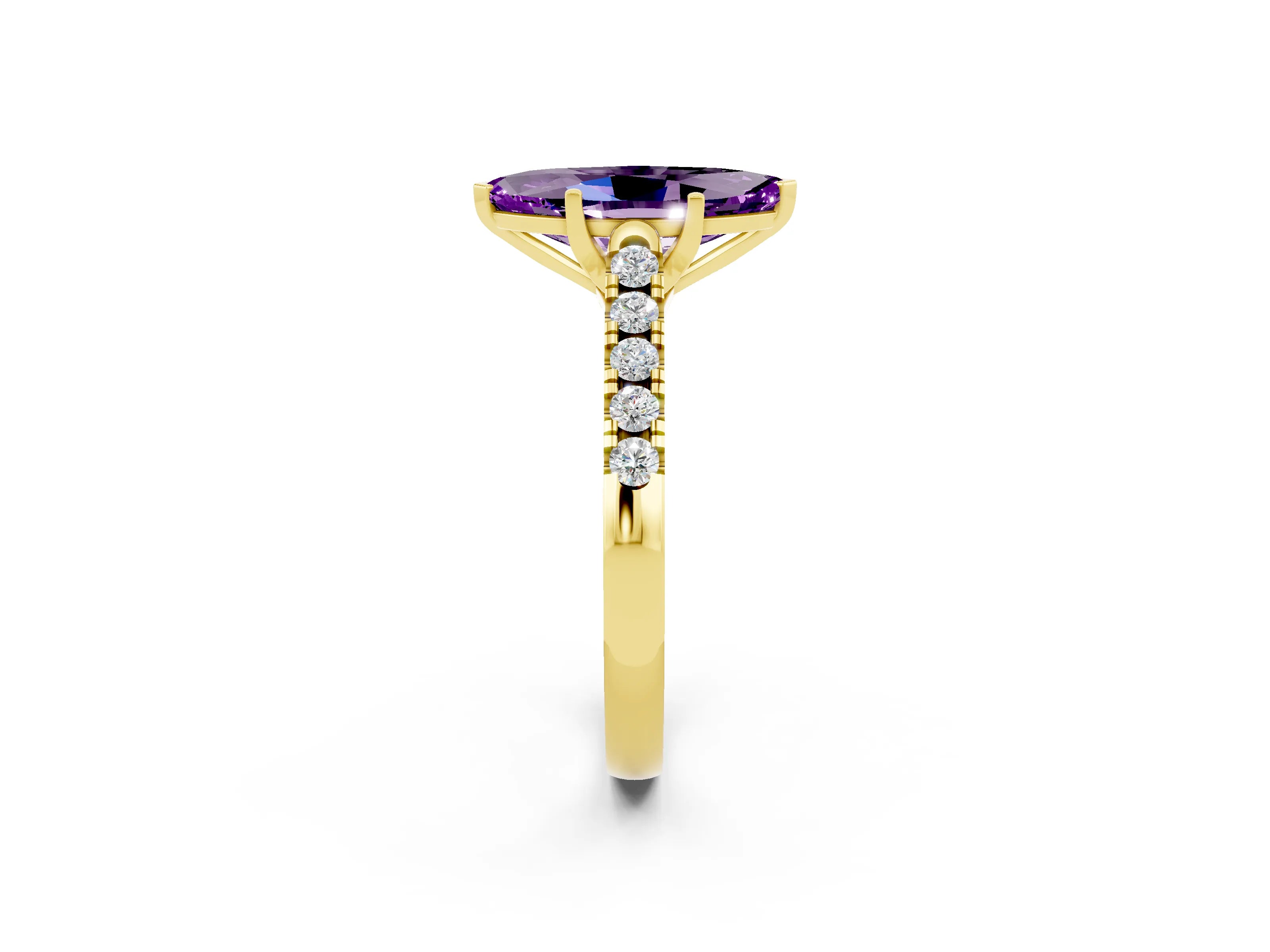 Yellow gold {shape_name} Amethyst Solitaire Ring with Pavé Band and Four-Prong Setting_2