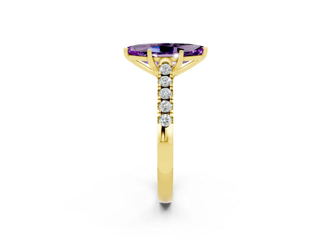 Yellow gold {shape_name} Amethyst Solitaire Ring with Pavé Band and Four-Prong Setting_2