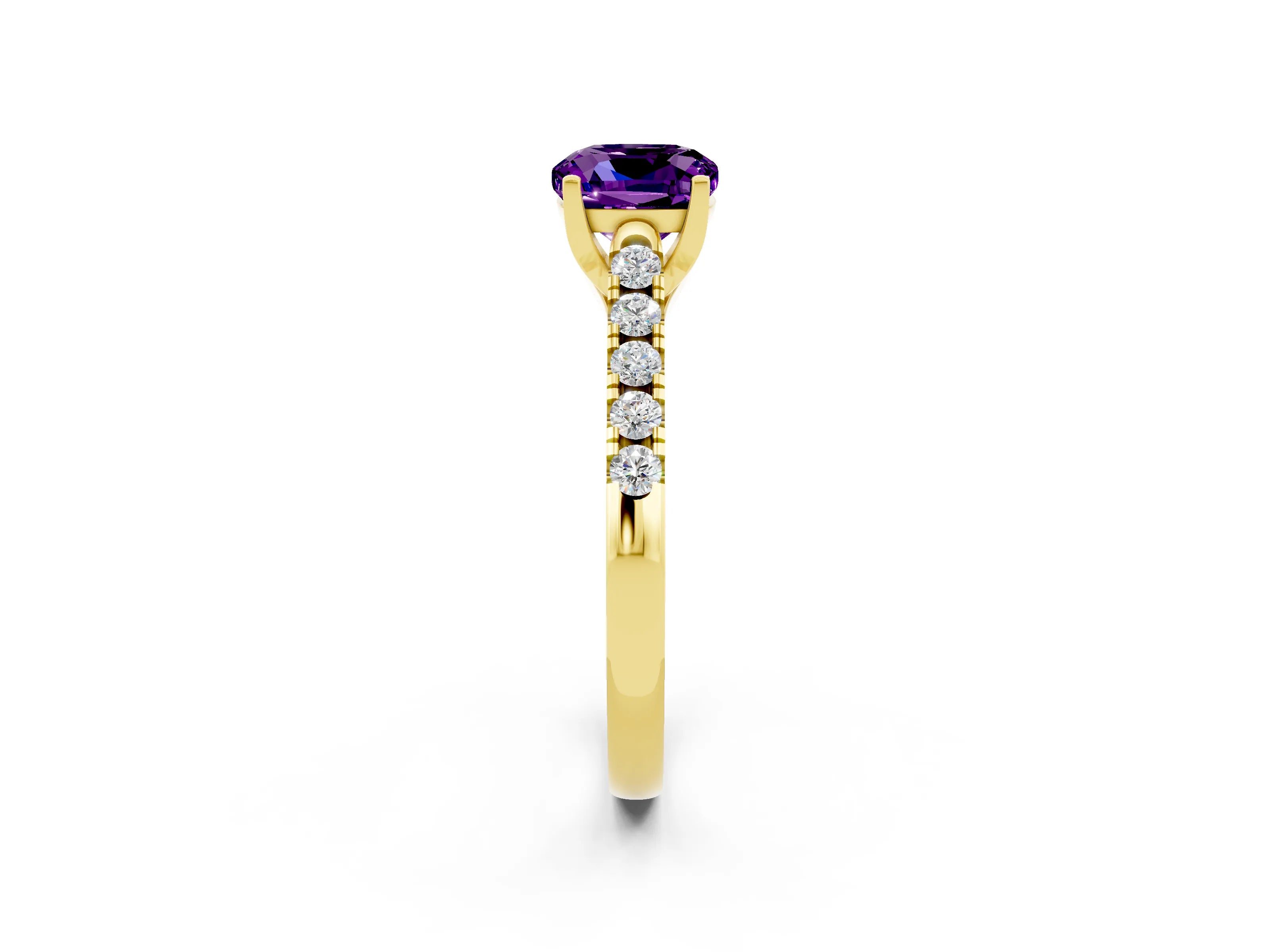 Yellow gold {shape_name} Amethyst Solitaire Ring with Pavé Band and Four-Prong Setting_2